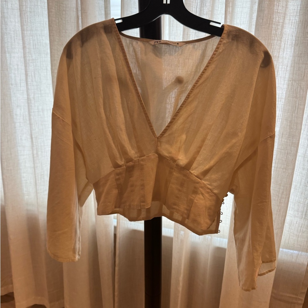 Zara Sheer Cream V-Neck Blouse